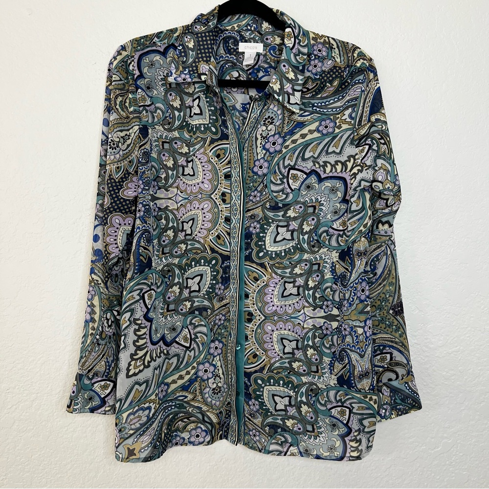 Chico’s Sheer Blue Paisley Hidden Button Up Blouse Top Women’s Size Medium - 1